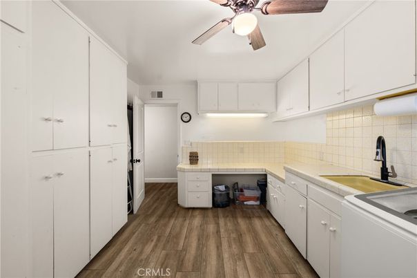 Interior, Kitchen, Tile Countertops, Wood Texture Flooring