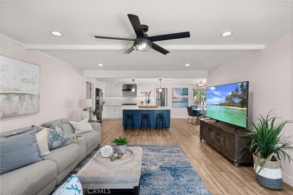 Dining room, Interior, Kitchen, Living room, Pendant Lights, Recessed Lighting, Stainless Steel Appliances, Wood Texture Flooring