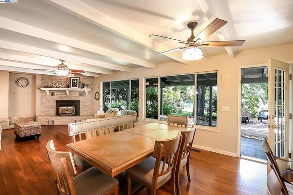 Dining room, Fireplace, Interior, Stone Walls, Wood Texture Flooring