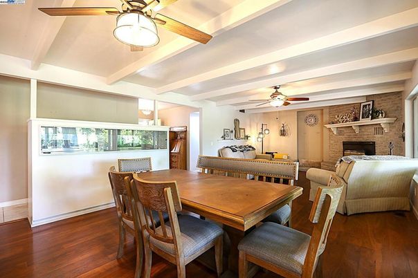 Dining room, Fireplace, Interior, Stone Walls, Wood Texture Flooring