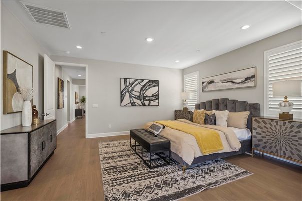 Bedroom, Interior, Recessed Lighting, Wood Texture Flooring