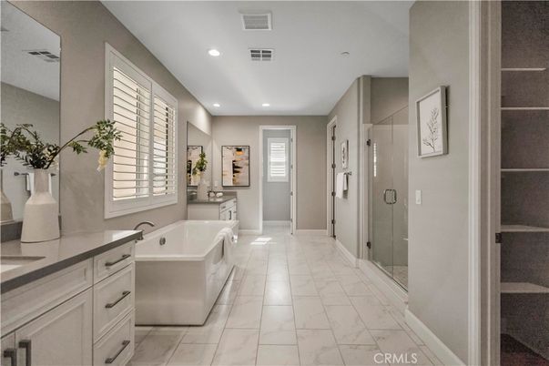 Bathroom, Free Standing Baths, Glass Shower, Interior, Marble, Recessed Lighting