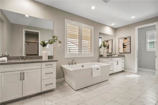 Bathroom, Dual Sink Vanities, Free Standing Baths, Interior, Marble, Recessed Lighting