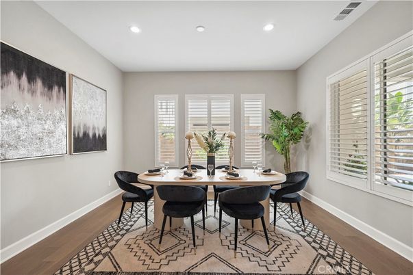 Dining room, Interior, Recessed Lighting, Wood Texture Flooring