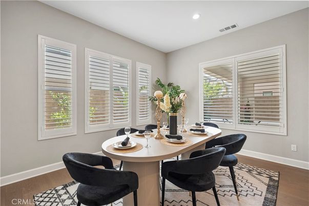 Dining room, Interior, Recessed Lighting, Wood Texture Flooring
