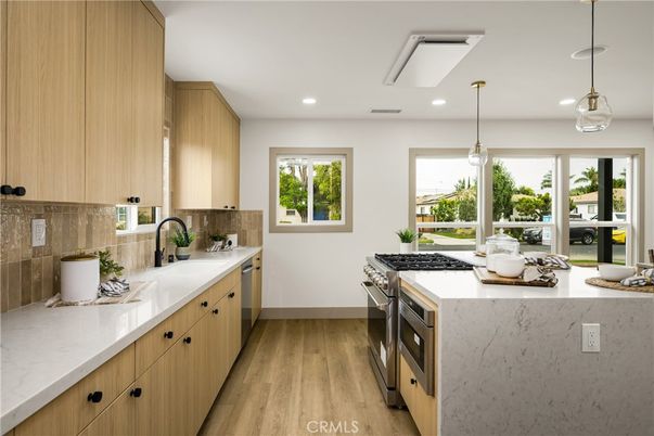 Interior, Kitchen, Pendant Lights, Recessed Lighting, Stainless Steel Appliances, Wood Texture Flooring