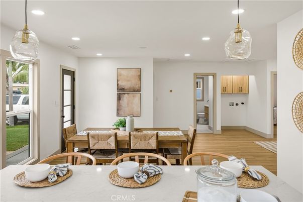 Dining room, Interior, Pendant Lights, Recessed Lighting, Wood Texture Flooring