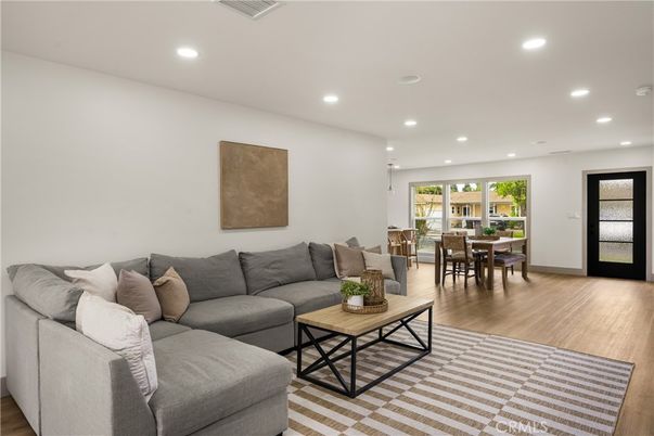 Dining room, Interior, Living room, Recessed Lighting, Wood Texture Flooring