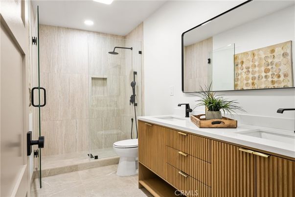 Bathroom, Dual Sink Vanities, Glass Shower, Interior, Recessed Lighting