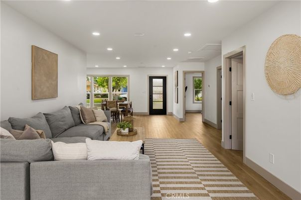 Dining room, Interior, Living room, Recessed Lighting, Wood Texture Flooring