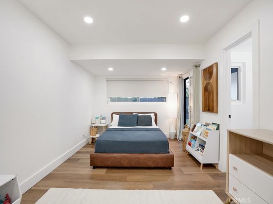 Bedroom, Interior, Recessed Lighting, Wood Texture Flooring