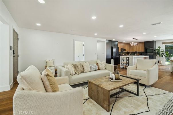 Interior, Kitchen, Living room, Recessed Lighting, Stainless Steel Appliances, Wood Texture Flooring