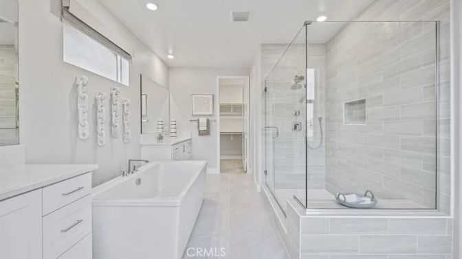 Bathroom, Dual Sink Vanities, Glass Shower, Interior, Recessed Lighting