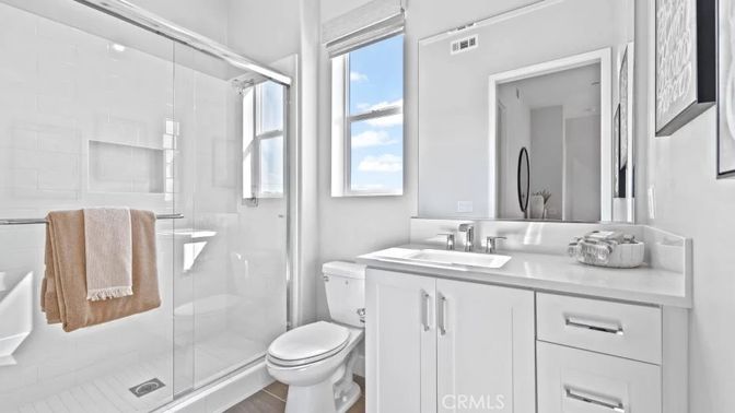 Bathroom, Glass Shower, Interior, Wood Texture Flooring