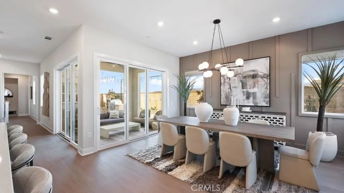 Dining room, Interior, Pendant Lights, Recessed Lighting, Wood Texture Flooring