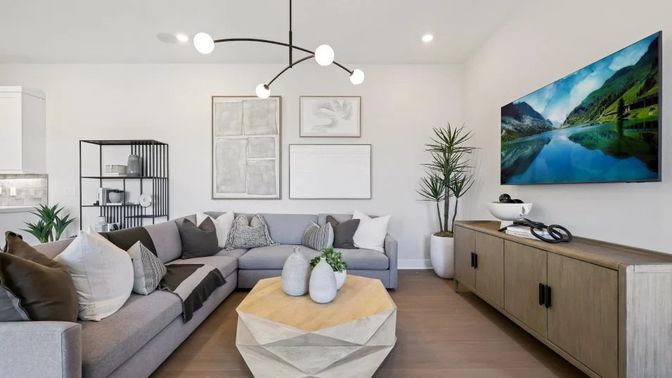 Interior, Living room, Pendant Lights, Recessed Lighting, Wood Texture Flooring