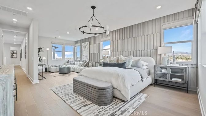 Bedroom, Interior, Pendant Lights, Recessed Lighting, Wood Texture Flooring