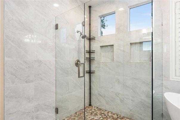 Bathroom, Glass Shower, Interior, Marble Walls, Recessed Lighting