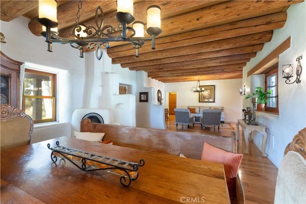 Chandelier, Dining room, Fireplace, Interior, Pendant Lights, Wooden Beams, Wooden Ceilings, Wood Texture Flooring