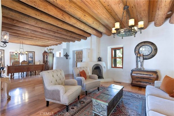 Chandelier, Fireplace, Interior, Living room, Pendant Lights, Wooden Beams, Wooden Ceilings, Wood Texture Flooring
