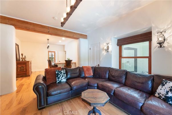 Dining room, Interior, Living room, Pendant Lights, Recessed Lighting, Wooden Beams, Wood Texture Flooring