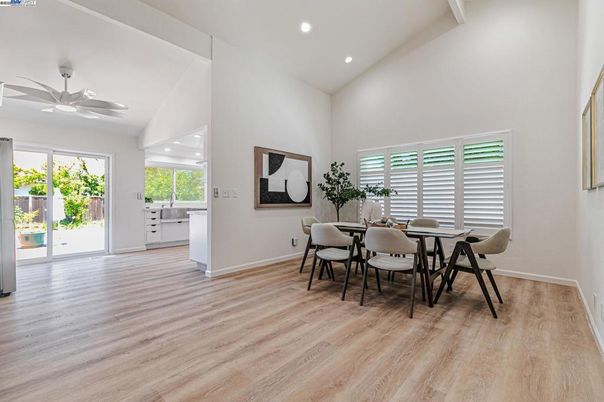 Dining room, Interior, Recessed Lighting, Wood Texture Flooring
