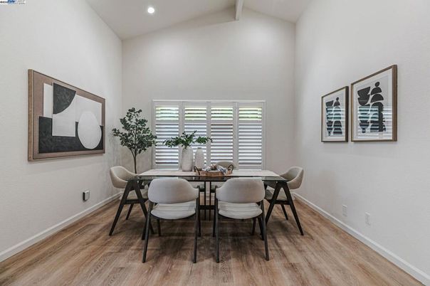 Dining room, Interior, Recessed Lighting, Wood Texture Flooring