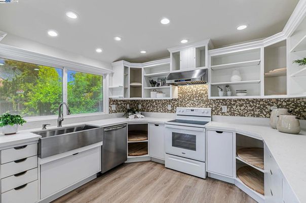 Interior, Kitchen, Recessed Lighting, Stainless Steel Appliances, Wood Texture Flooring