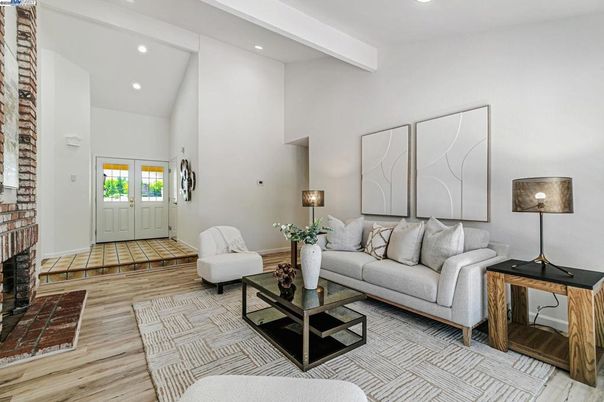 Fireplace, Interior, Living room, Recessed Lighting, Wood Texture Flooring