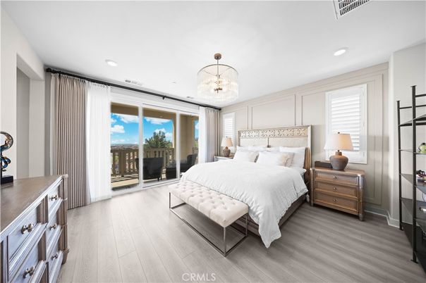Bedroom, Chandelier, Interior, Recessed Lighting, Wood Texture Flooring