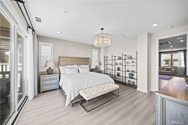 Bedroom, Chandelier, Interior, Recessed Lighting, Wood Texture Flooring