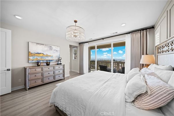 Bedroom, Chandelier, Interior, Recessed Lighting, Wood Texture Flooring