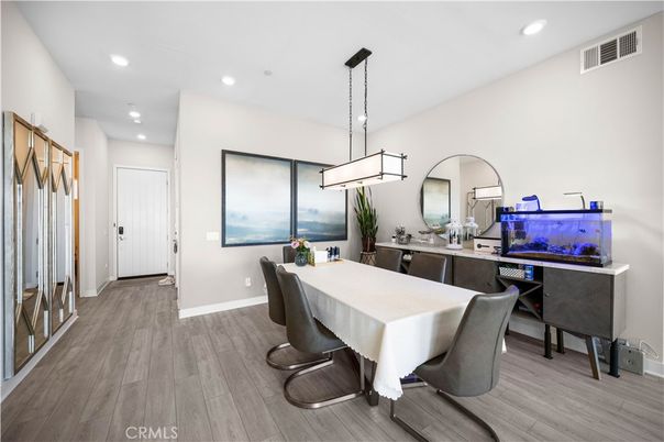 Dining room, Interior, Pendant Lights, Recessed Lighting, Wood Texture Flooring