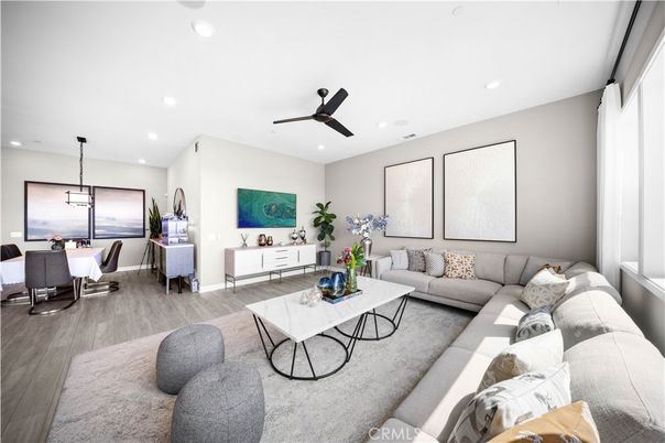 Dining room, Interior, Living room, Pendant Lights, Recessed Lighting, Wood Texture Flooring