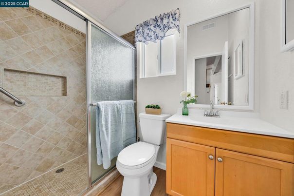 Bathroom, Glass Shower, Interior, Wood Texture Flooring