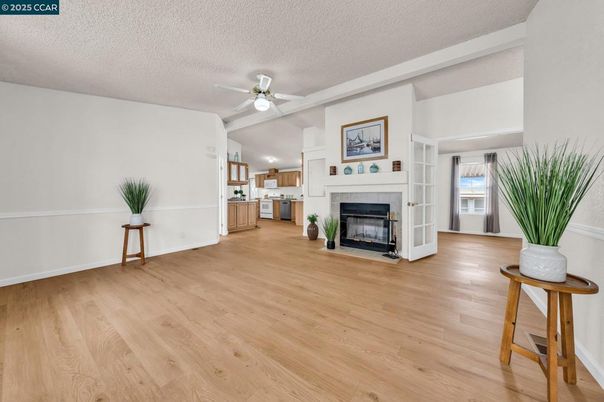 Empty room, Fireplace, Interior, Kitchen, Wood Texture Flooring