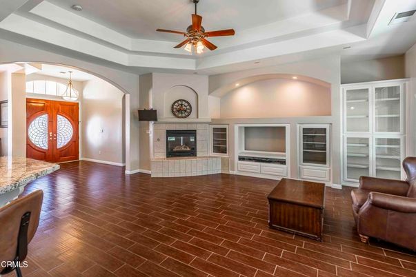 Fireplace, Interior, Pendant Lights, Recessed Lighting, Wood Texture Flooring