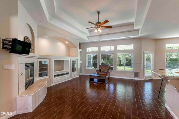 Fireplace, Interior, Recessed Lighting, Wood Texture Flooring