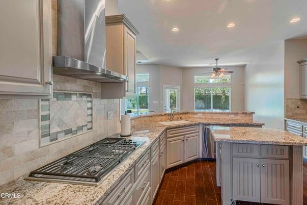 Interior, Kitchen, Recessed Lighting, Stone Walls, Wood Texture Flooring