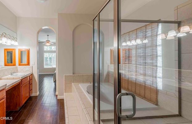 Bathroom, Glass Shower, Interior, Tile Countertops, Wood Texture Flooring