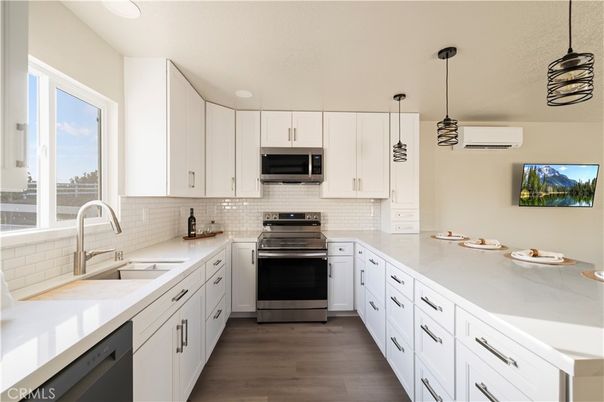 Interior, Kitchen, Pendant Lights, Stainless Steel Appliances, Wood Texture Flooring