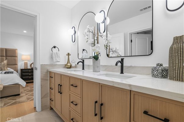 Bathroom, Bedroom, Dual Sink Vanities, Interior, Recessed Lighting, Wood Texture Flooring