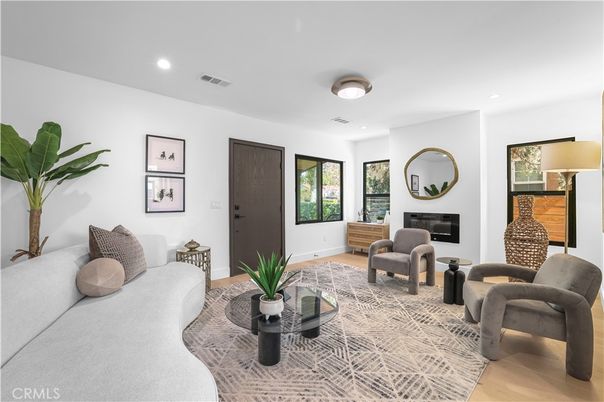 Fireplace, Interior, Living room, Recessed Lighting, Wood Texture Flooring