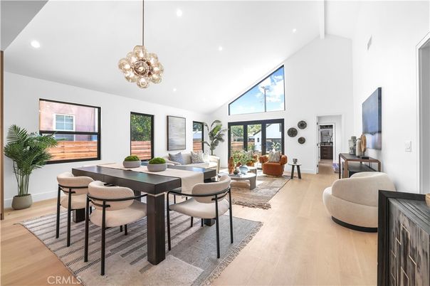 Dining room, Interior, Living room, Pendant Lights, Recessed Lighting, Wood Texture Flooring