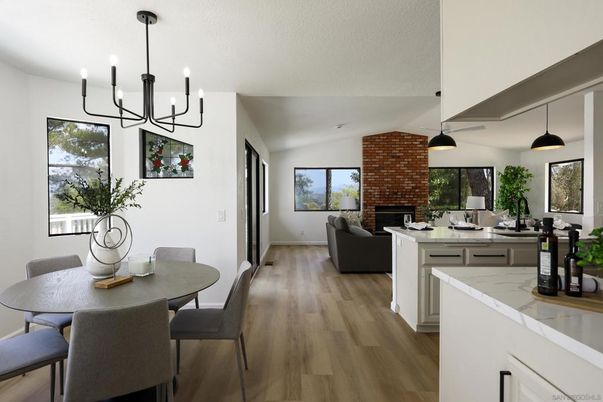 Dining room, Fireplace, Interior, Living room, Pendant Lights, Stone Walls, Wood Texture Flooring