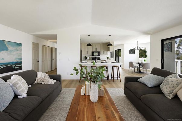 Dining room, Interior, Kitchen, Living room, Pendant Lights, Stainless Steel Appliances, Wood Texture Flooring