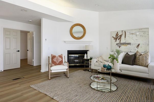 Fireplace, Interior, Living room, Recessed Lighting, Wood Texture Flooring