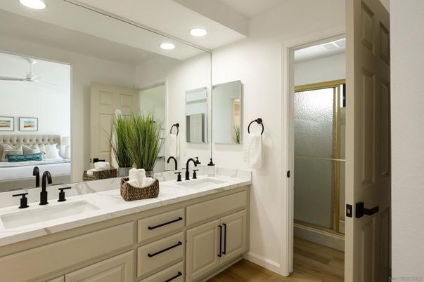Bathroom, Bedroom, Dual Sink Vanities, Glass Shower, Interior, Recessed Lighting, Wood Texture Flooring