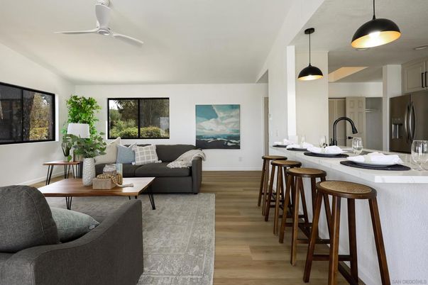Interior, Kitchen, Living room, Pendant Lights, Wood Texture Flooring