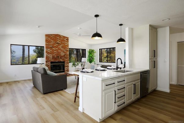 Fireplace, Interior, Kitchen, Living room, Pendant Lights, Recessed Lighting, Stone Walls, Wood Texture Flooring